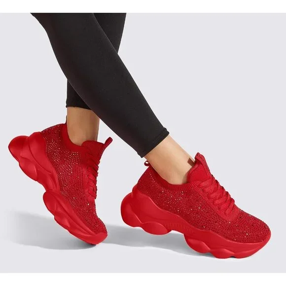 Lucky Step Women's Red Rhinestone Sneaker Chunky Sparkly Bling Mesh Slip on - Picture 2 of 9